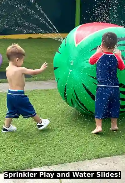 Preschool children playing and cooling off with sprinklers and water slides during summer at Sierra Preschool